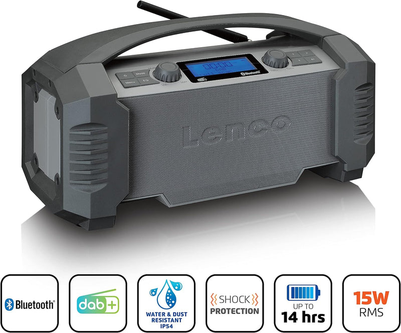 Lenco DAB+ Baustellenradio Bluetooth 5.0 FM Empfänger IP54 Wasserdicht 15 Watt RMS Akku mit 5000mAh