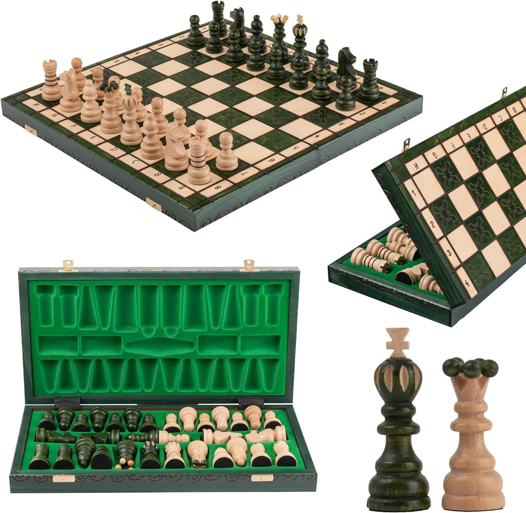 Handgefertigt Schachbrett Holz Klappbar | Master of Chess Schachspiel Holz Grüne | Chess Set 42cm |