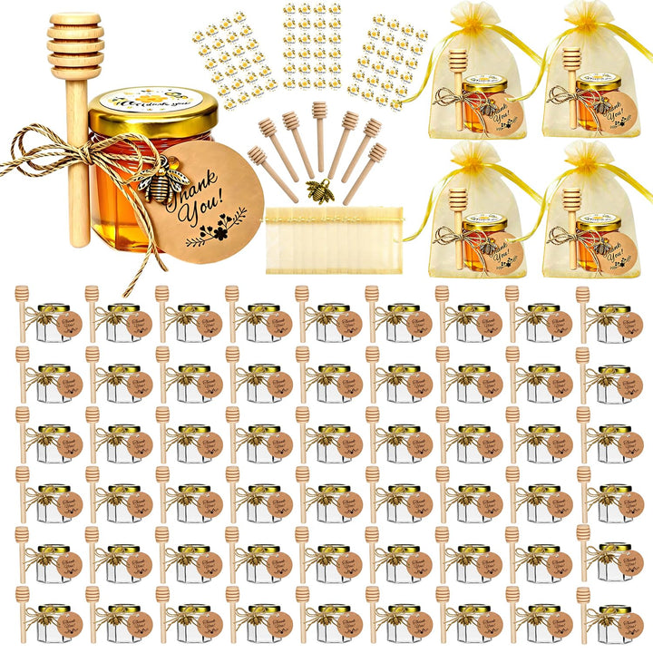 60 Pack 1.5 oz Hexagon Mini Glas Honig Gläser mit hölzernen Dippers, Bienen Anhänger, goldene Gesche