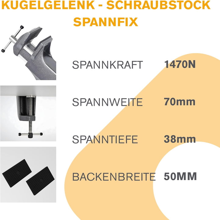 BERNSTEIN Spannfix Kugelgelenk-Schraubstock Drehbar 360° + 45° Neigbar | Weiss | Zum Anklemmen an di