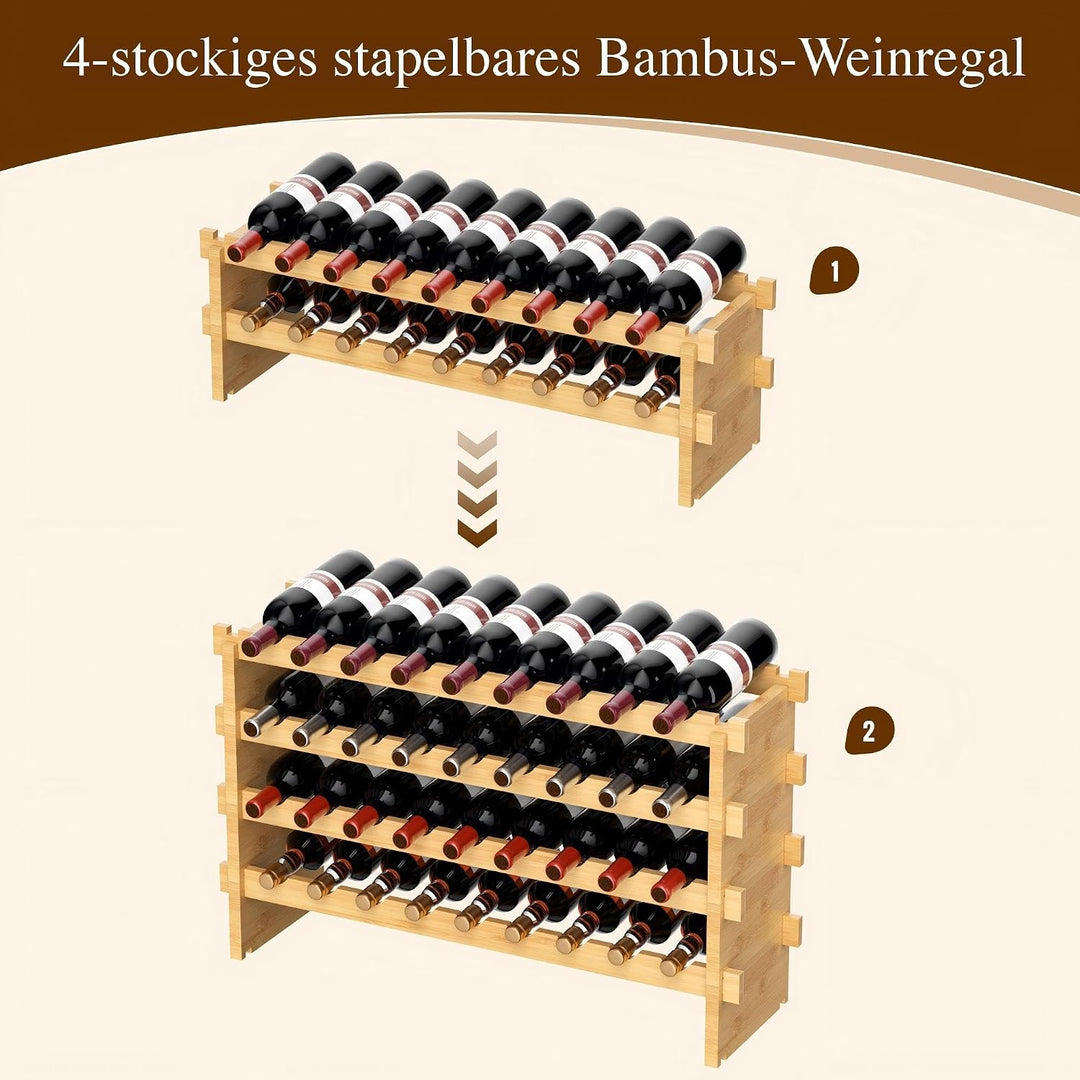 VASMIA Bambus-Weinregal Stapelbar, Freistehendes 36-Flaschen-Weinregal, Ohne Werkzeug Montage, 4-Ebe