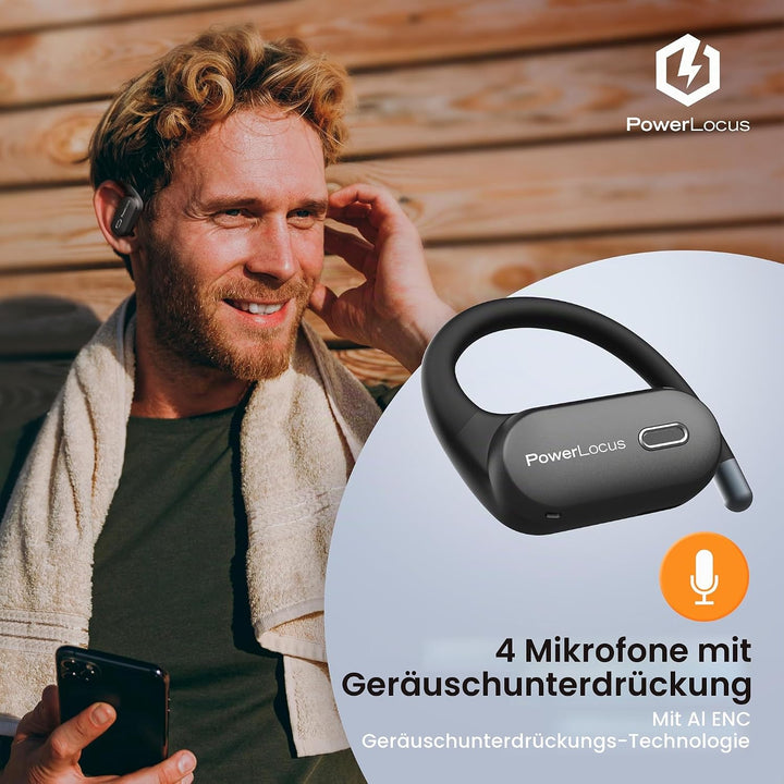 PowerLocus Kabellose Sport-Kopfhörer, Open-Ear Kopfhörer mit flexiblem Ohrbügel, Stereo-Sound, wasse