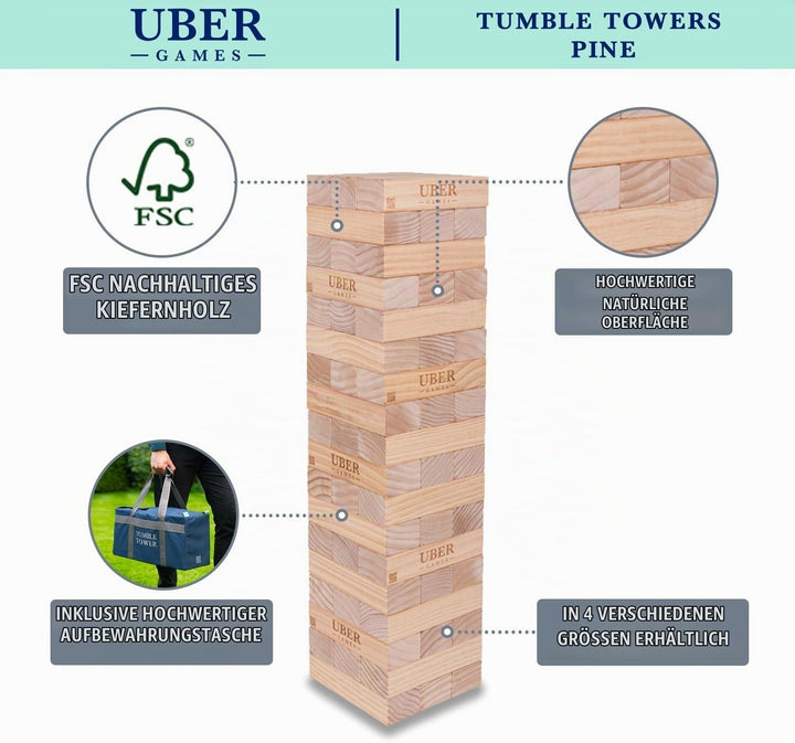 Uber Games Riesenwackelturm bis 200+ cm XXL Jumbo Hi-Tower in Tasche - 2,5m Massiver Kiefer Holz Tow