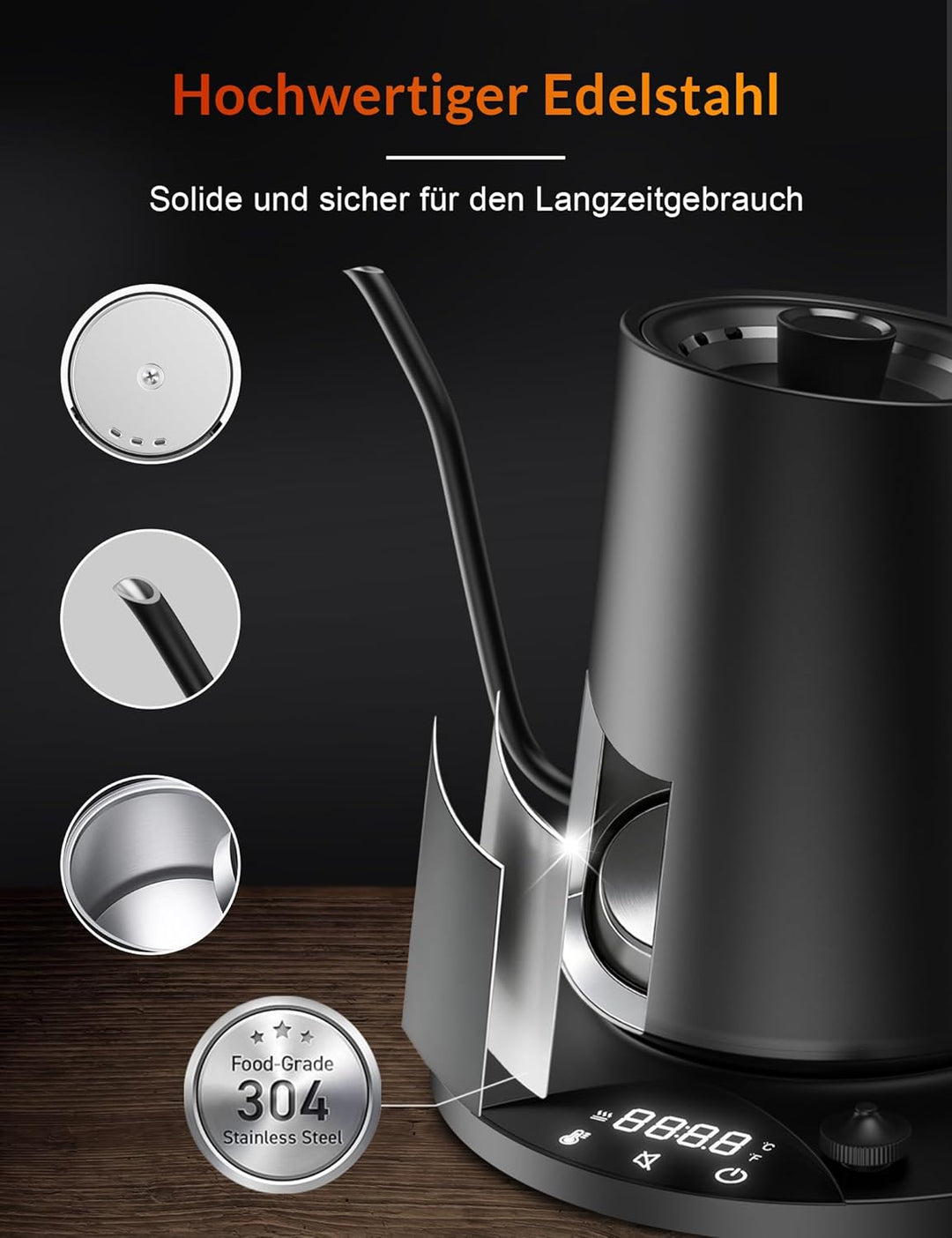 Schwanenhals Wasserkocher,1200W Elektrischer Kaffeekessel aus Edelstahl,Temperatureinstellung mit 24