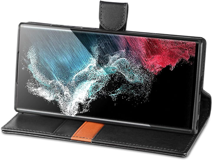 LENSUN Echtleder Hülle für Samsung Galaxy S22 Ultra, Handyhülle Echt Leder [Magnetverschluss][RFID]
