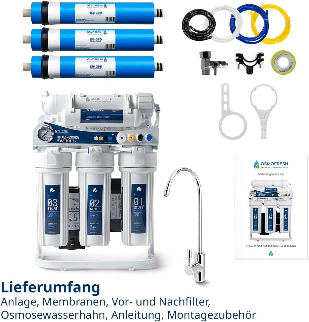 OsmoFresh Osmoseanlage Proline X3 | 450 GPD | 1,1l/min | Premium Osmosehahn GRATIS | vom Premium Her