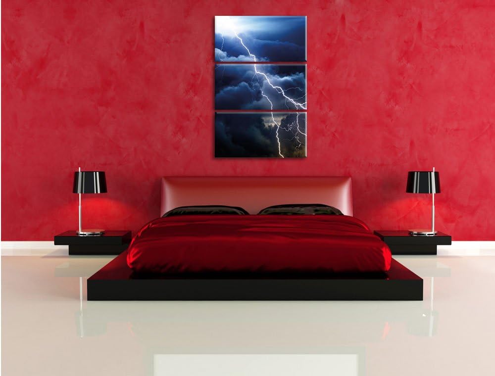 Pixxprint Blitze am Himmel 3-Teiler Leinwandbild 120x80 Bild auf Leinwand