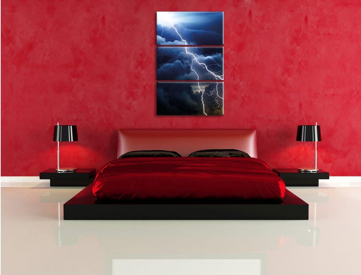 Pixxprint Blitze am Himmel 3-Teiler Leinwandbild 120x80 Bild auf Leinwand