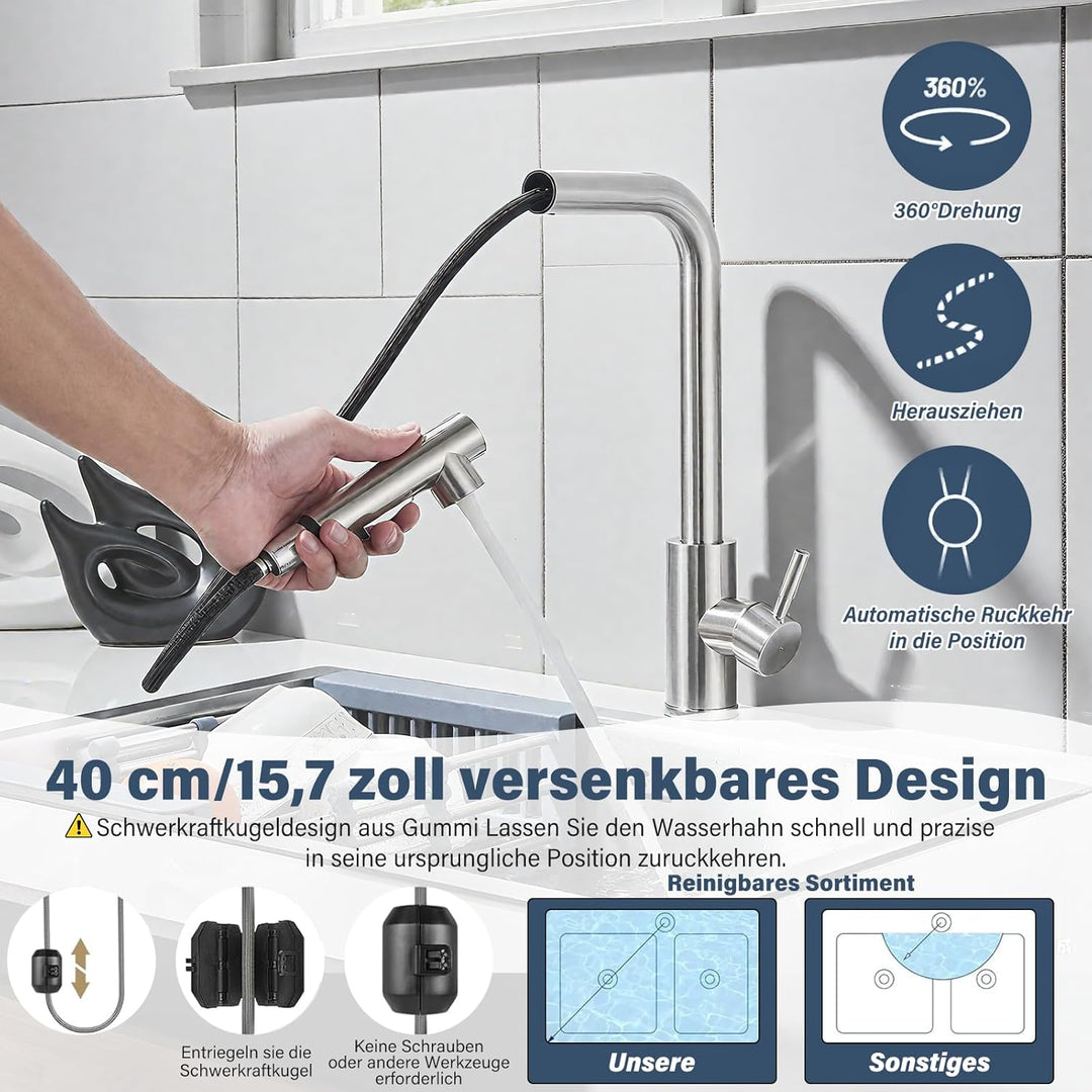 Rozin Wasserhahn Küche Hochdruck Gebürstetes Nickel 360° Drehung Küchenarmatur Ausziehbar Wasserhahn