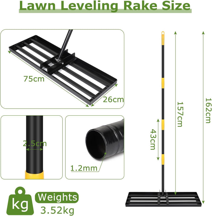 DBREAKS Rasen Rakel, 75 * 26 * 157CM Edelstahl Rasenschieber, Rasennivellierwerkzeug, Nivellierreche