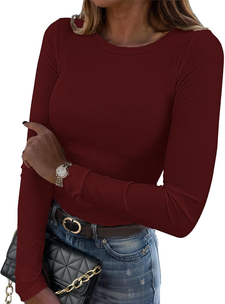 DUOEASE Langarmshirt Damen Rundhal Pullover Elegant Langarm Oberteile Rippshirt Tshirts Basic Tops W