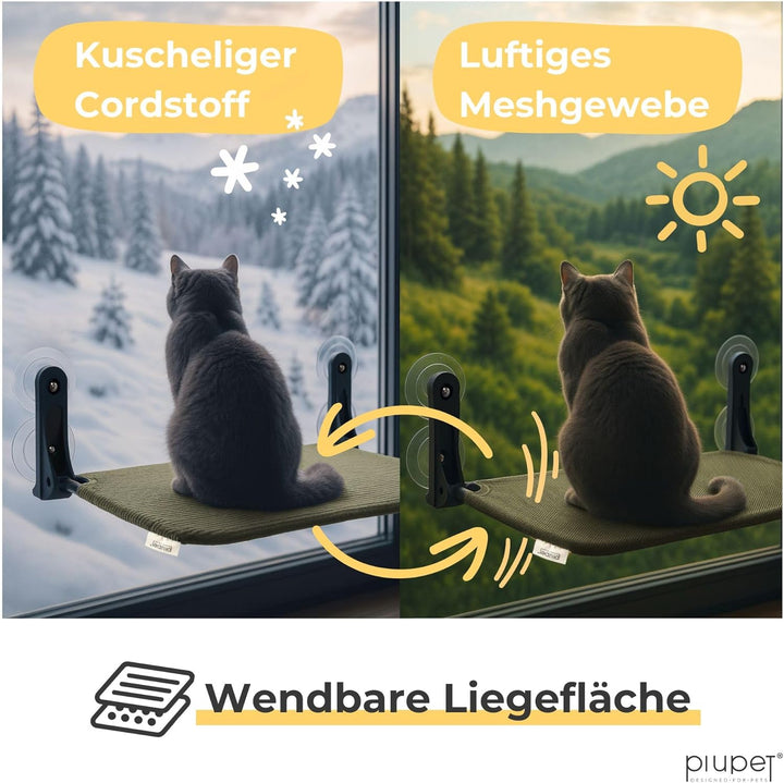 PiuPet Schwebende Katzenfensterliege – Klappbare & platzsparende Katzenliege mit Saugnäpfen I Wendba