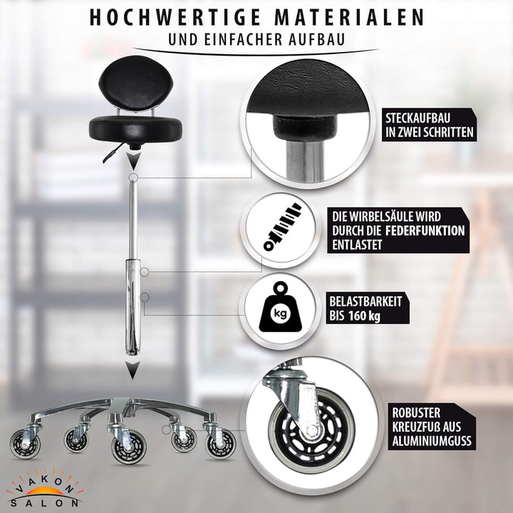 Premium Rollhocker mit ovaler Lehne höhenverstellbar von 50 bis 65 cm - Rundsitz- Drehhocker Arbeits
