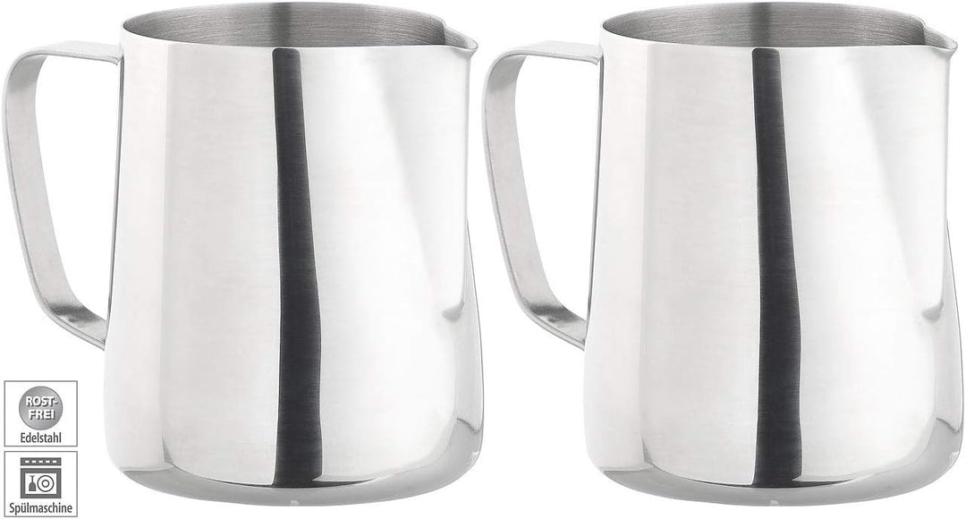 Milchkännchen: 2er-Set Edelstahl-Kännchen zum Aufschäumen, mit Mess-Skala, 580 ml (Milchschaumtöpfe,