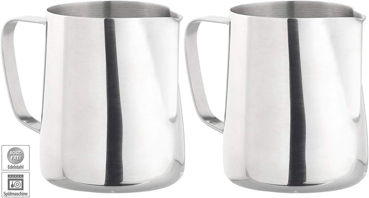Milchkännchen: 2er-Set Edelstahl-Kännchen zum Aufschäumen, mit Mess-Skala, 580 ml (Milchschaumtöpfe,
