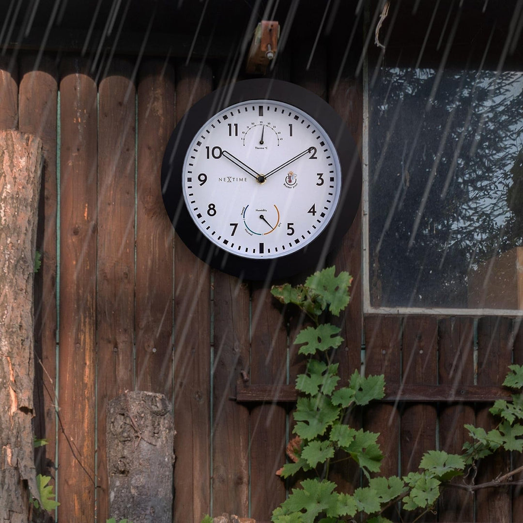 NeXtime Wall Clock (Garden/Inside) 25,5 cm-Time/Temp/Humidity-Black-Plastic Daisy, One Size
