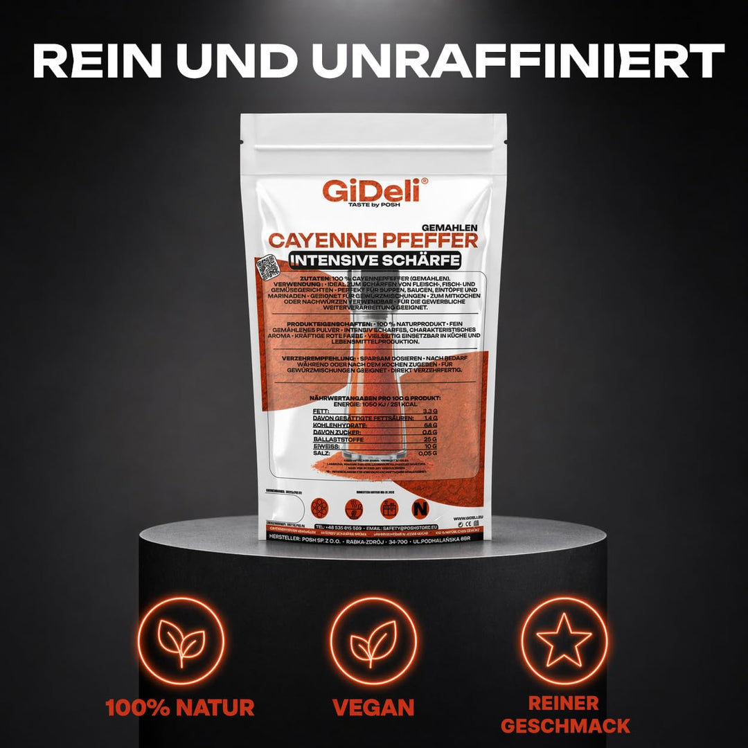 GiDeli Cayenne Pfeffer 2 x 1kg - Fein Gemahlenes Chilipulver für Fleisch, Fisch, Suppen und Sossen -