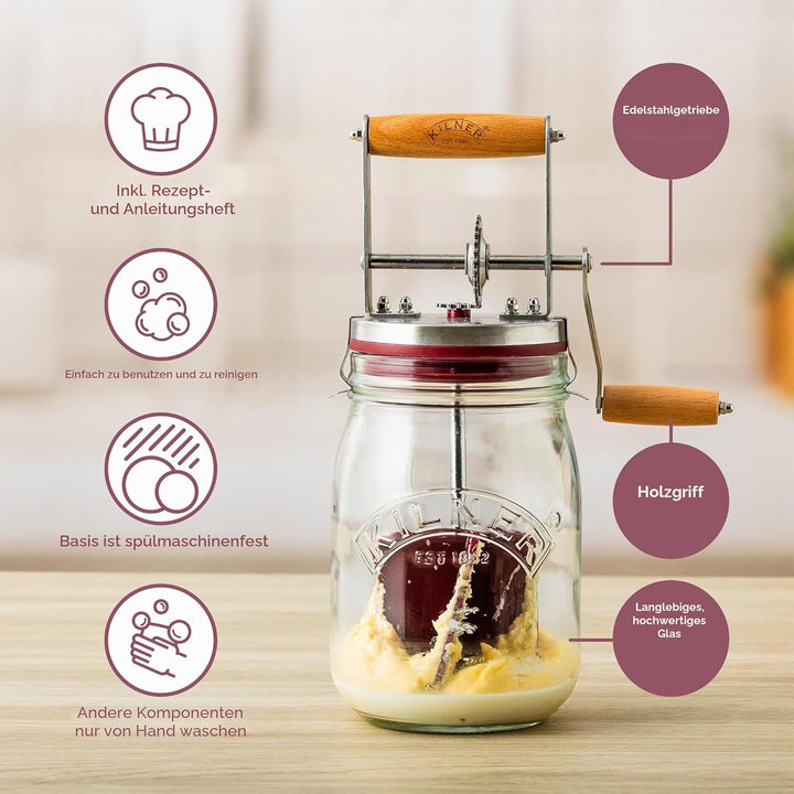 Kilner Butterfass Glas mit Handkurbel, manuelle Handkurbel und Silikonmixer, 1L, Öffnung: 7,2 cm, 16