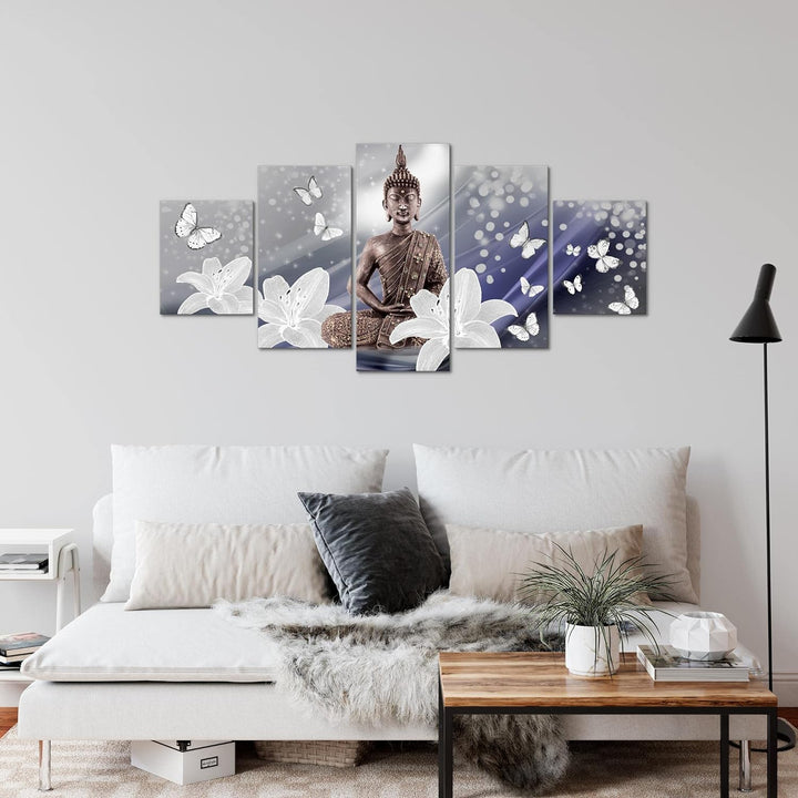 Runa Art Wandbilder Buddha Blumen 5 Teilig Bild auf Vlies Leinwand Deko Wohnzimmer Schmetterling Zen