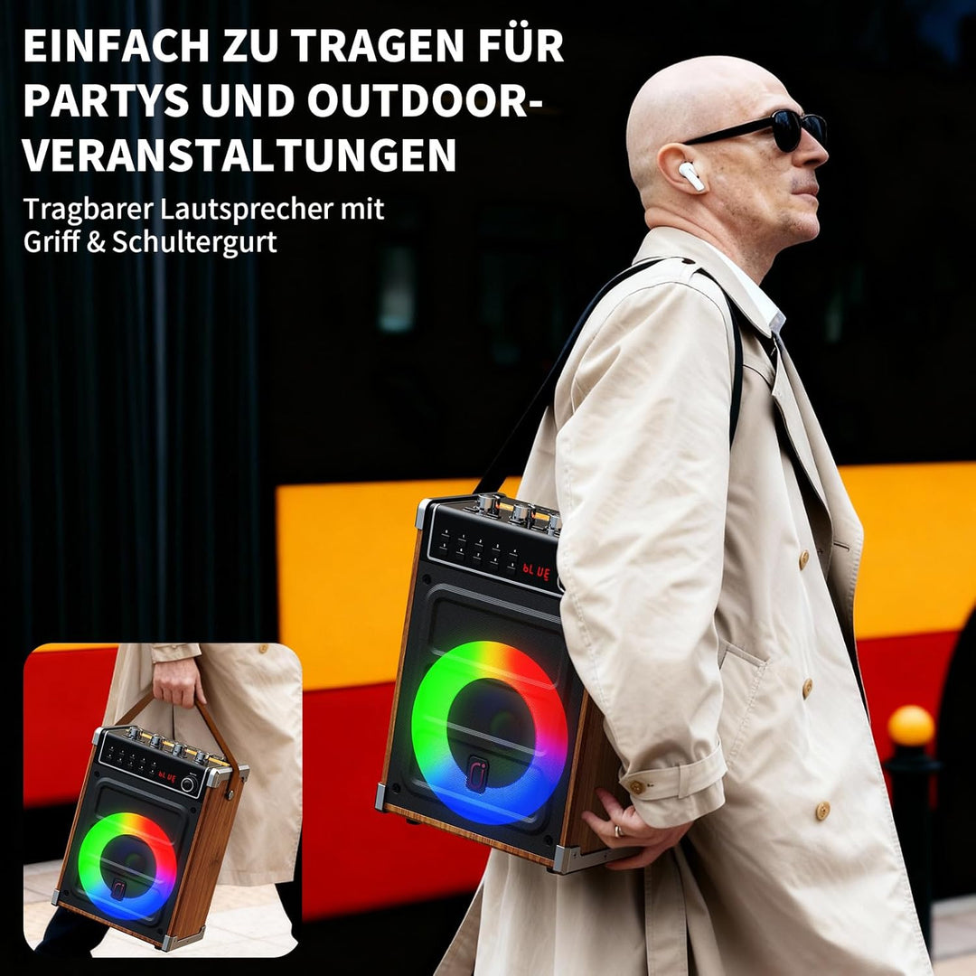 JYX Karaoke Maschine mit 2 UHF-Funkmikrofonen, Bluetooth-Lautsprecher mit Bass-/Höhen-Einstellung un