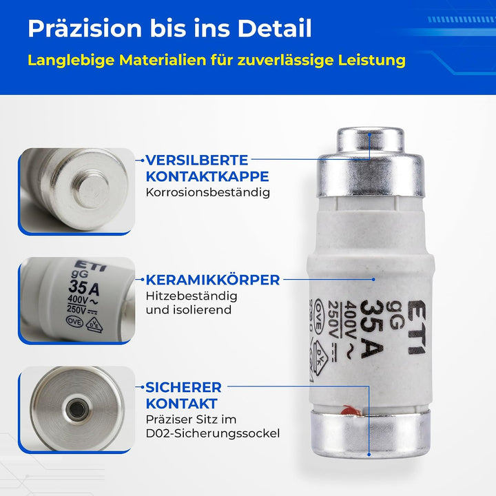 Sicherung NEOZED D01 und D02 10 bis 63 Ampère Blister mit 10 Stück Schmelzsicherungen träge als Ersa