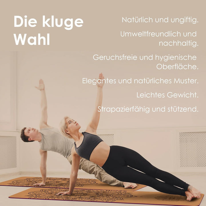 Yogamatte-Kork, Rutschfest, Einzigartiges Design, Extradick Natürlicher Kork, TPE Fitness-Trainingsm