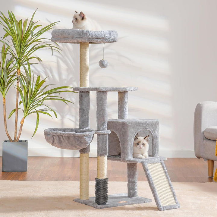 Heybly Kratzbaum mit Katzenbürste, Katzenbaum für Hauskatzen mit Gepolsterter Sitzstange aus Plüsch,