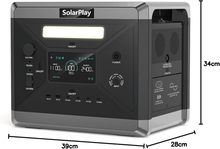 SOLARPLAY Tragbare Powerstation 2400w, 2160wh Solargenerator mit LiFePO4 Akku, 12 Anschlüsse, UPS, P