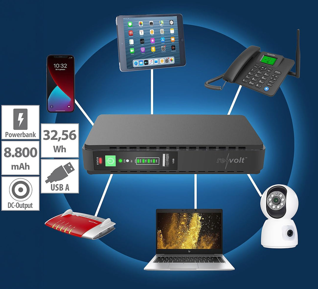revolt Mini USV: Mini-UPS für unterbrechungsfreie Stromversorgung, 8.800 mAh, USB/DC (5V USV, 5V UPS