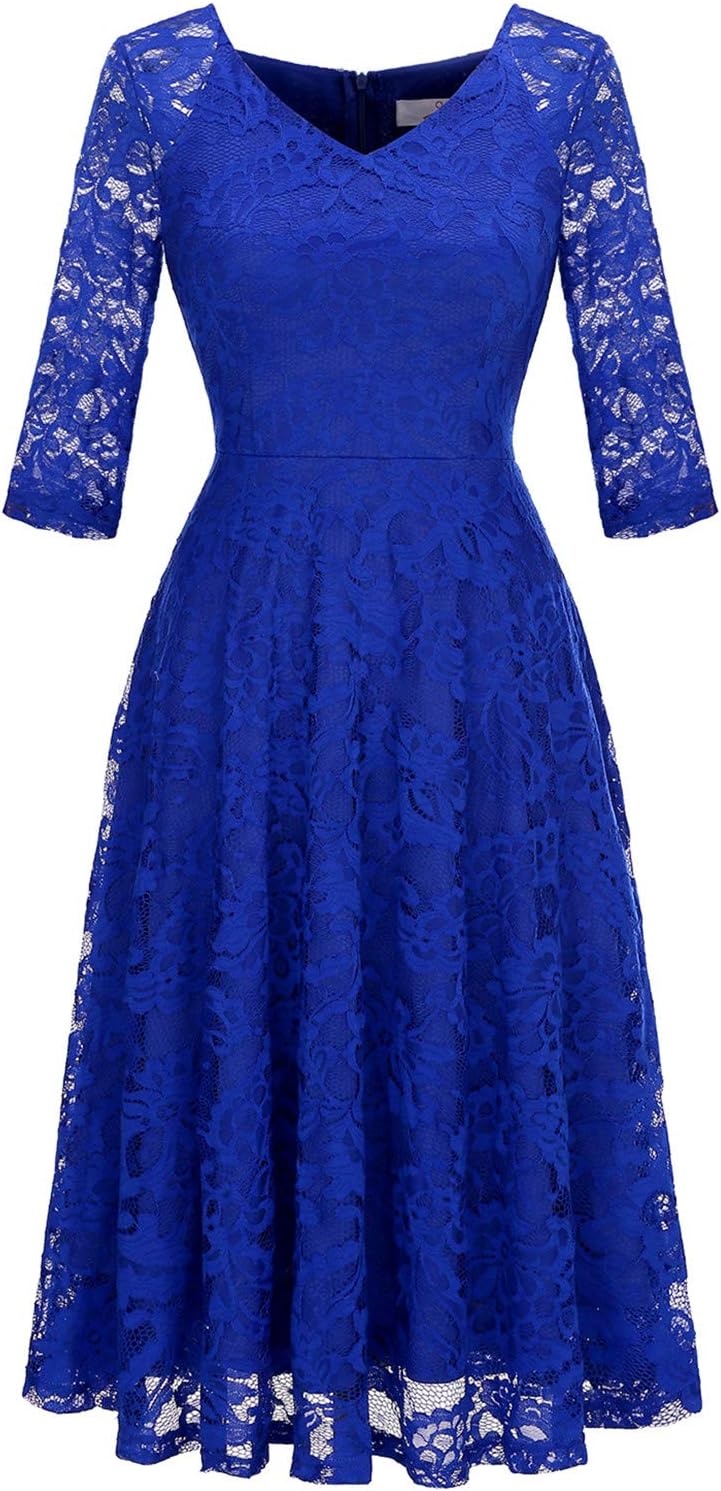 Dressystar Damen Elegant Spitzenkleid V-Ausschnitt Cocktailkleid Hochzeit Midi Abendkleider M Royalb