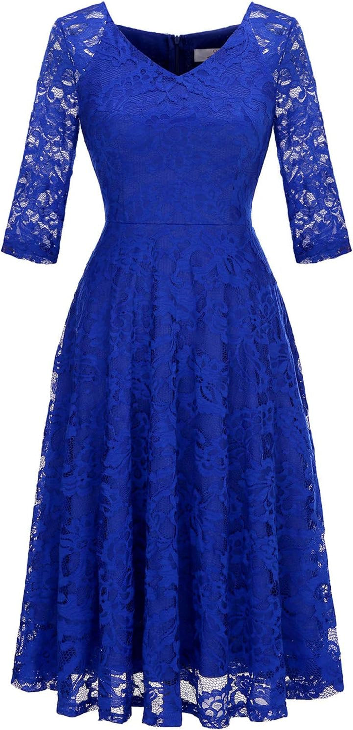 Dressystar Damen Elegant Spitzenkleid V-Ausschnitt Cocktailkleid Hochzeit Midi Abendkleider M Royalb