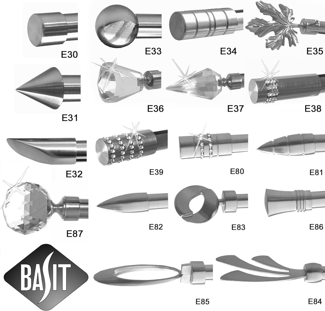 Edelstahl Look Gardinenstange 20mm Wandträger 1-läufig Kristall Spitze, Länge wählbar H50 E37 R, Län