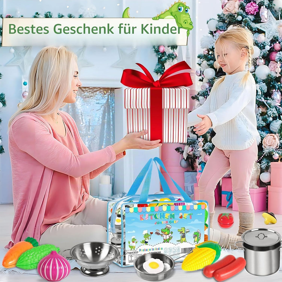 FAMKEEP 30Pcs Küchenspielzeug Zubehör Kinderküche Kochgeschirr Pfannenset Schürze und Kochmütze für