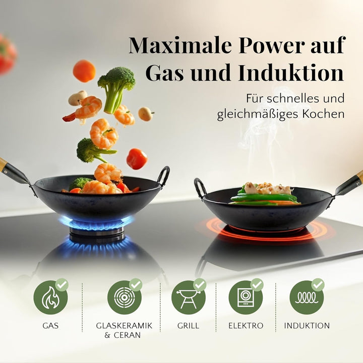 pasoli handgehämmerter Wok + gratis Rezepte eBook - voreingebrannt - traditionelle Asiapfanne - Brat