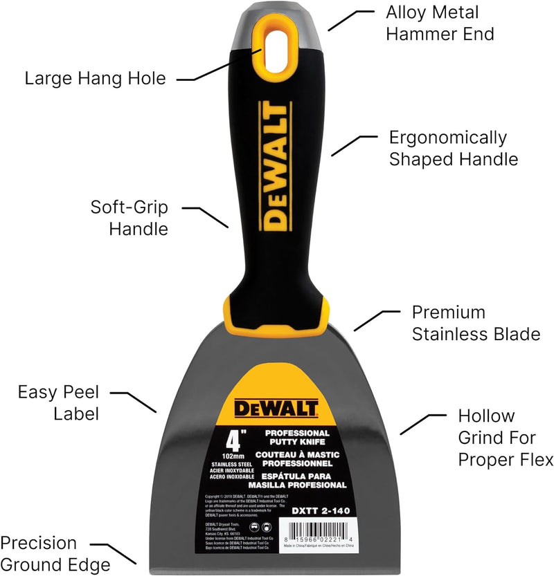 DEWALT 4" Putty Knife | Stainless Steel w/Soft Grip Handle | DXTT-2-140 4-Inch, 4-Inch