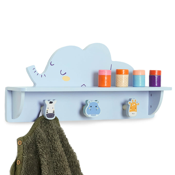 Twig &amp; Leaf Wandregal Kinderzimmer, Kindergarderobe mit Ablage und 3 Haken aus Massivholz, Schlafend