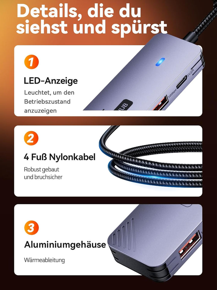 USB Hub 3.2 Gen2, QUUGE 5-in-1 USB Verteiler mit 4 Ports USB-A 10Gbps, Multiport Adapter Splitter mi