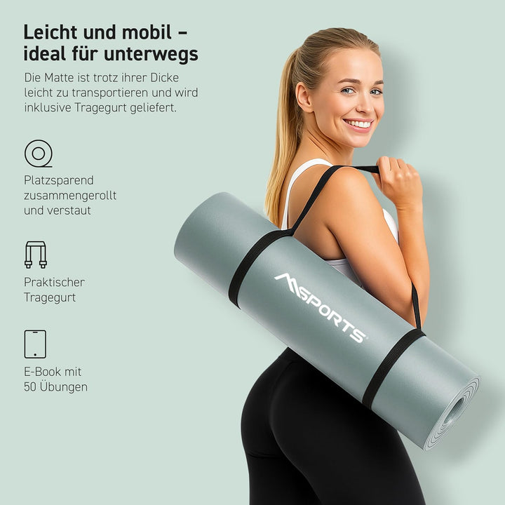 MSPORTS Gymnastikmatte Premium inkl. Tragegurt + Übungsposter + Workout App I Hautfreundliche Fitnes