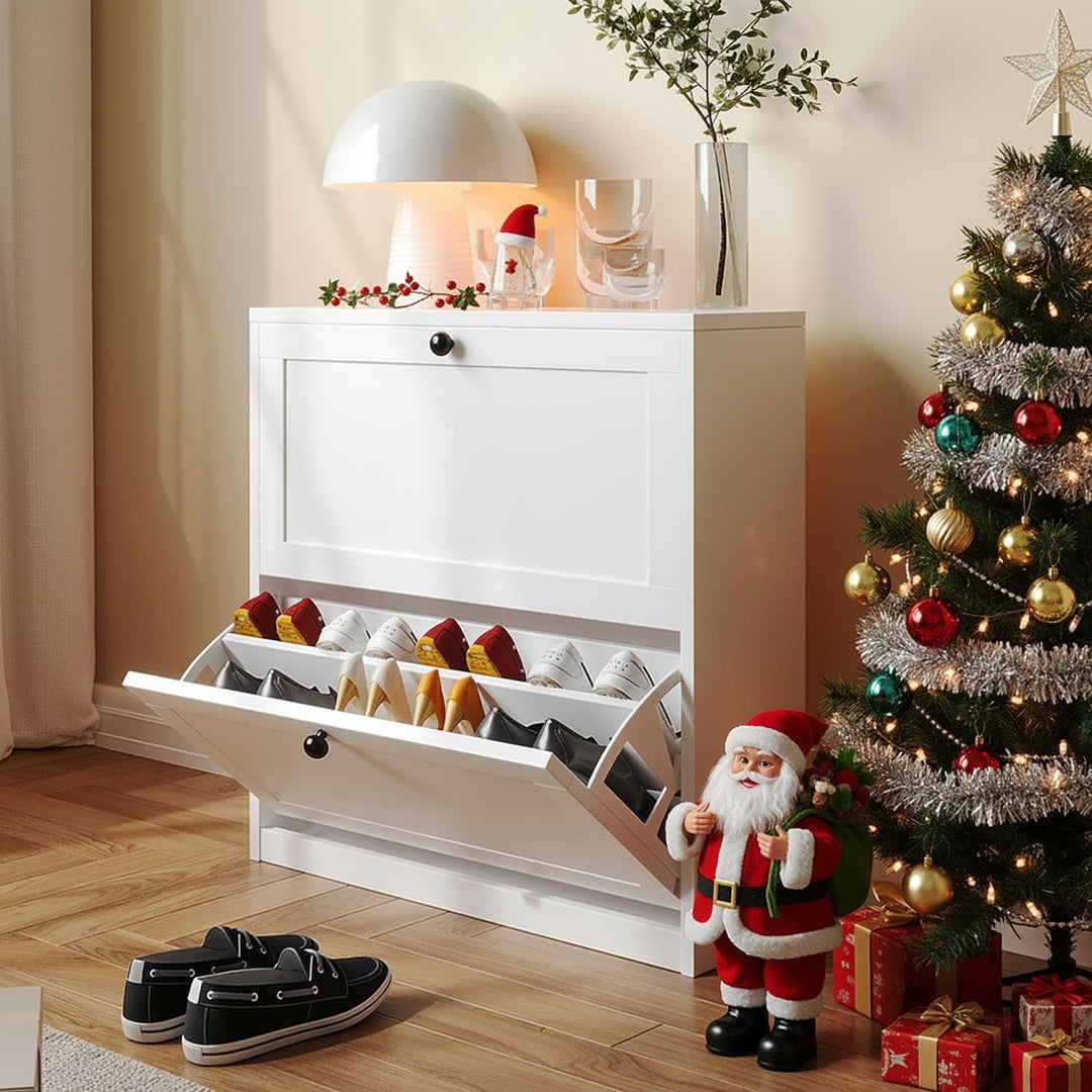 VOWNER Schuhschrank mit 2 Klappen, Schuhregal Schuhkipper Schmal, mit 4 Fächern, Schuhschrank Weiss,