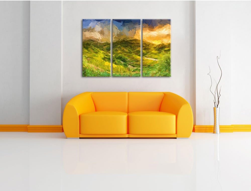 Pixxprint Berg Farm in Asien / 3-Teilig/Gesamtmass 120cm Leinwandbild bespannt auf Holzrahmen/Wandbi