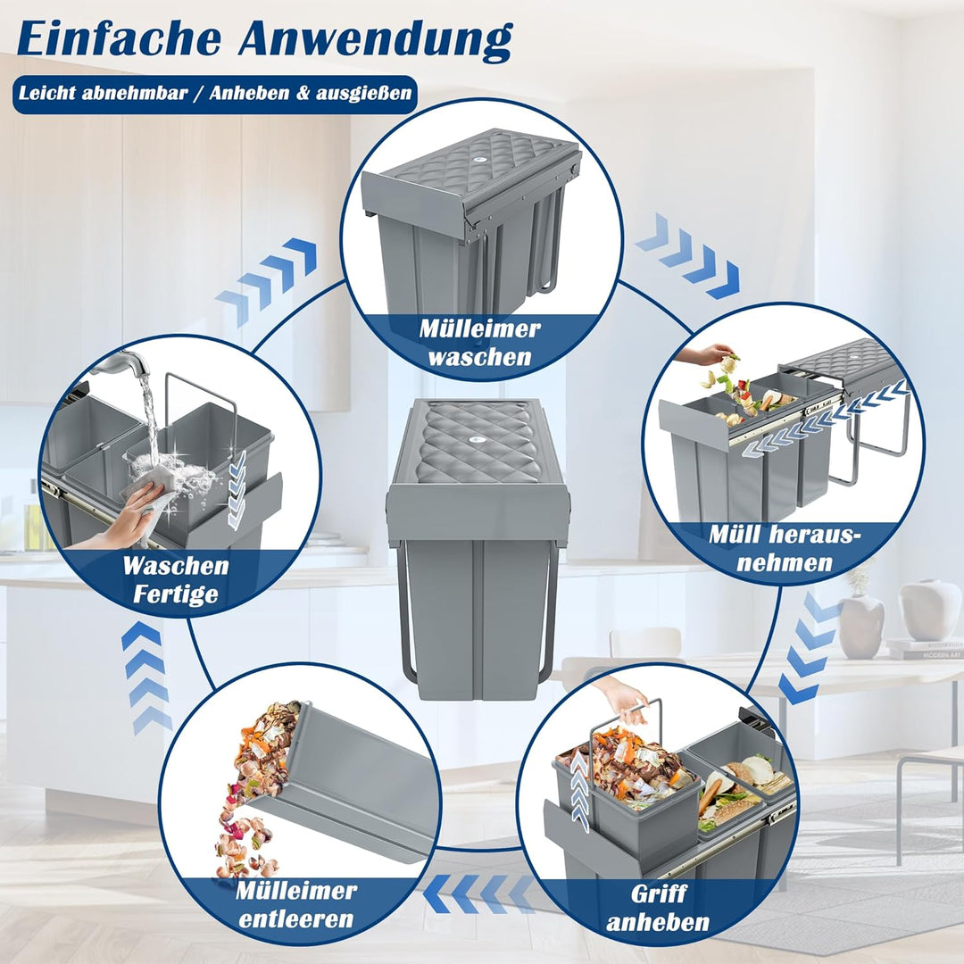 NAIZY Mülltrennsystem ausziehbar Mülleimer Küche 3-Fächer Abfalleimer einbau Unterschrank mit Telesk