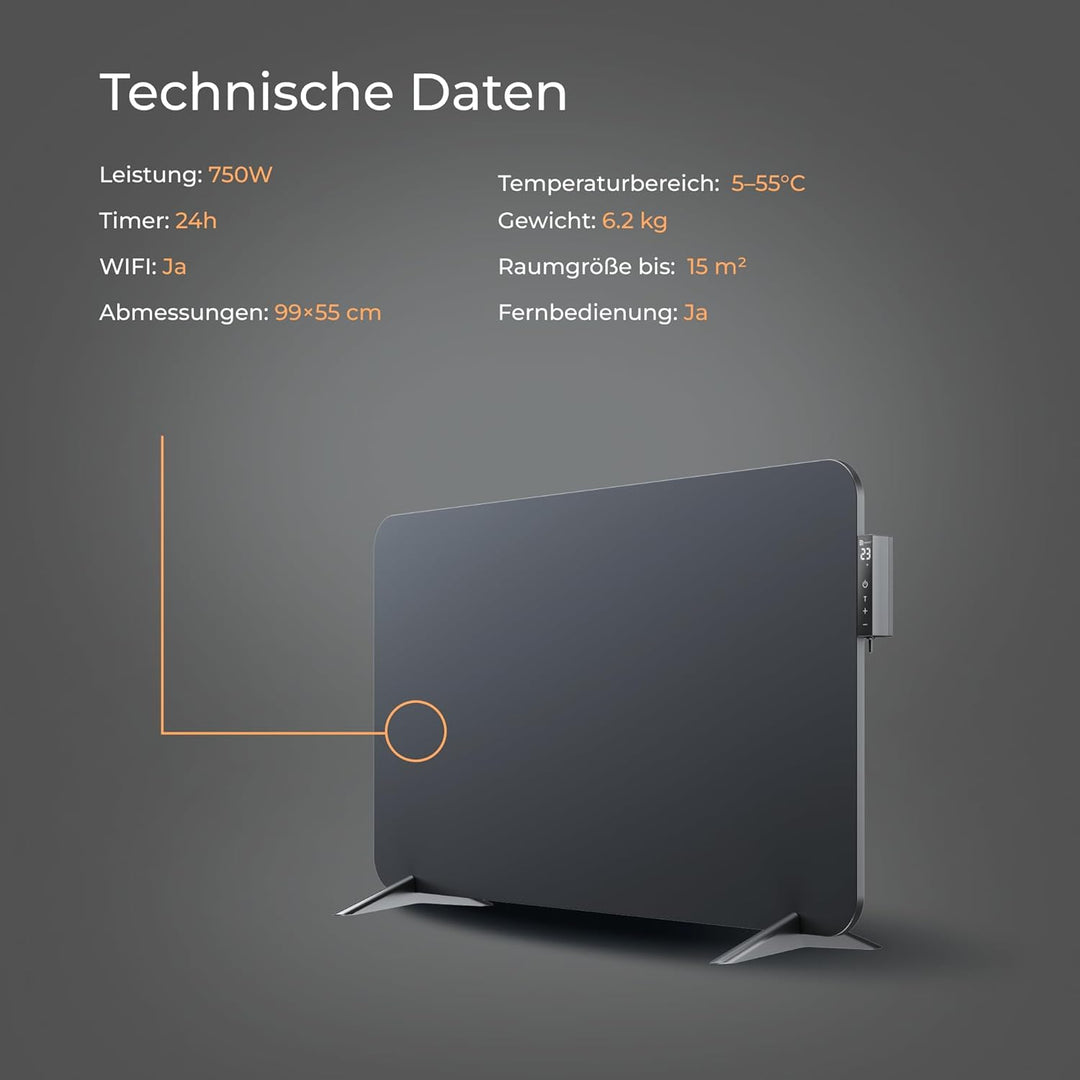BR Bringer Infrarotheizung 750 Watt mit Smart Thermostat, WIFI & App - für Wandmontage oder als Stan