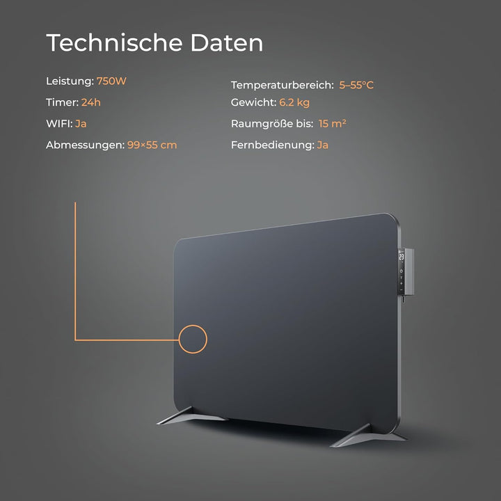 BR Bringer Infrarotheizung 750 Watt mit Smart Thermostat, WIFI & App - für Wandmontage oder als Stan