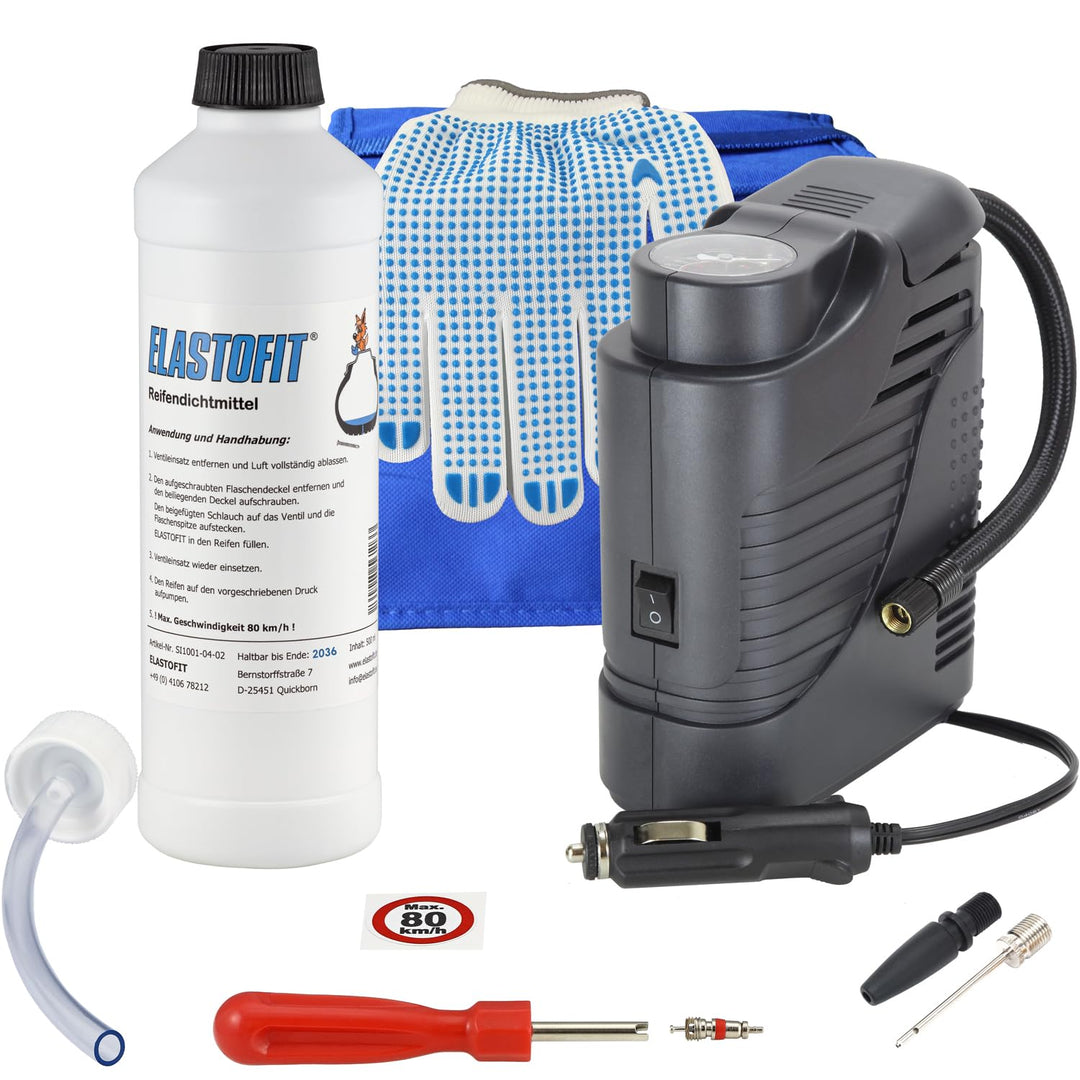 ELASTOFIT Reifenpannenset Compact für alle PKW 12V Kompressor Reifendichtmittel (Compact Blue), Comp