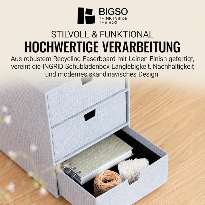 BIGSO INGRID Schubladenbox für Dokumente und Bürobedarf – Schreibtisch Organizer mit 3 Schubladen –