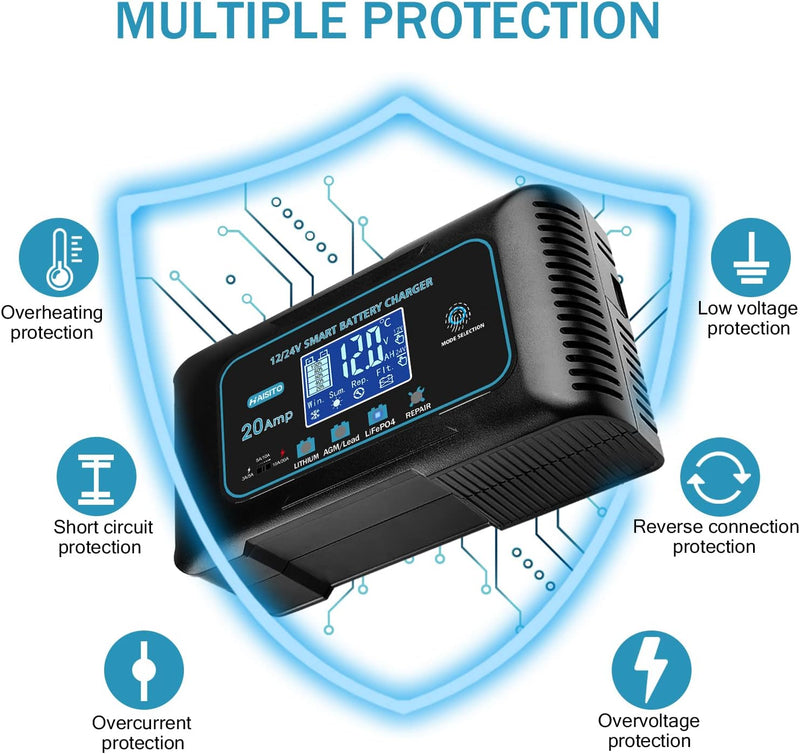 20AmpLithiumBatteryCharger，12Vand24VLifepo4，Lead-Acid(AGM/Gel/SLA。。) PortableCarBatteryCharger，Batte