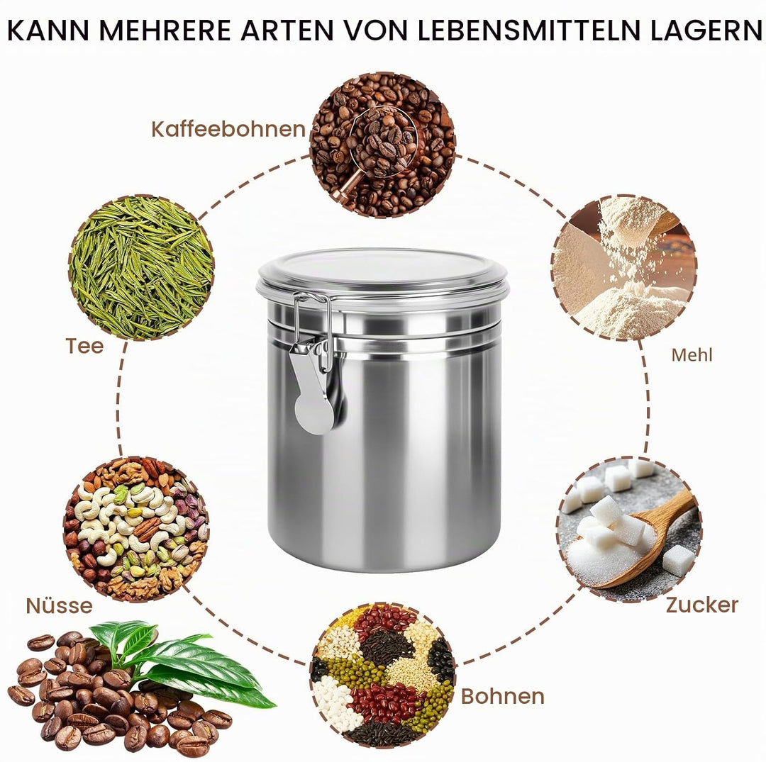2 Stück Kaffeedose Luftdicht mit Deckel, 850ml Kaffeebohnen Behälter aus Edelstahl, kaffeebohnen auf