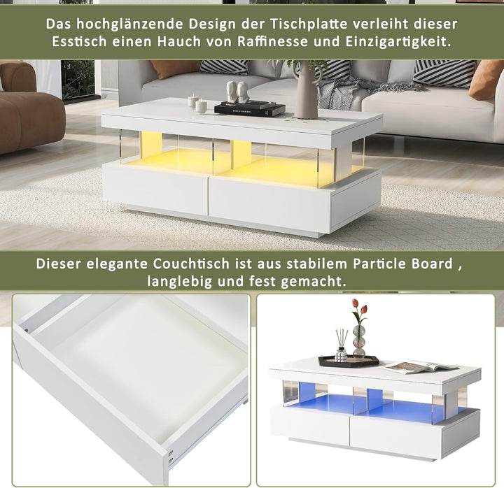Merax Couchtisch Hochglanz mit LED, Moderner Wohnzimmertisch mit Stauraum Schubladen, Multifunktiona