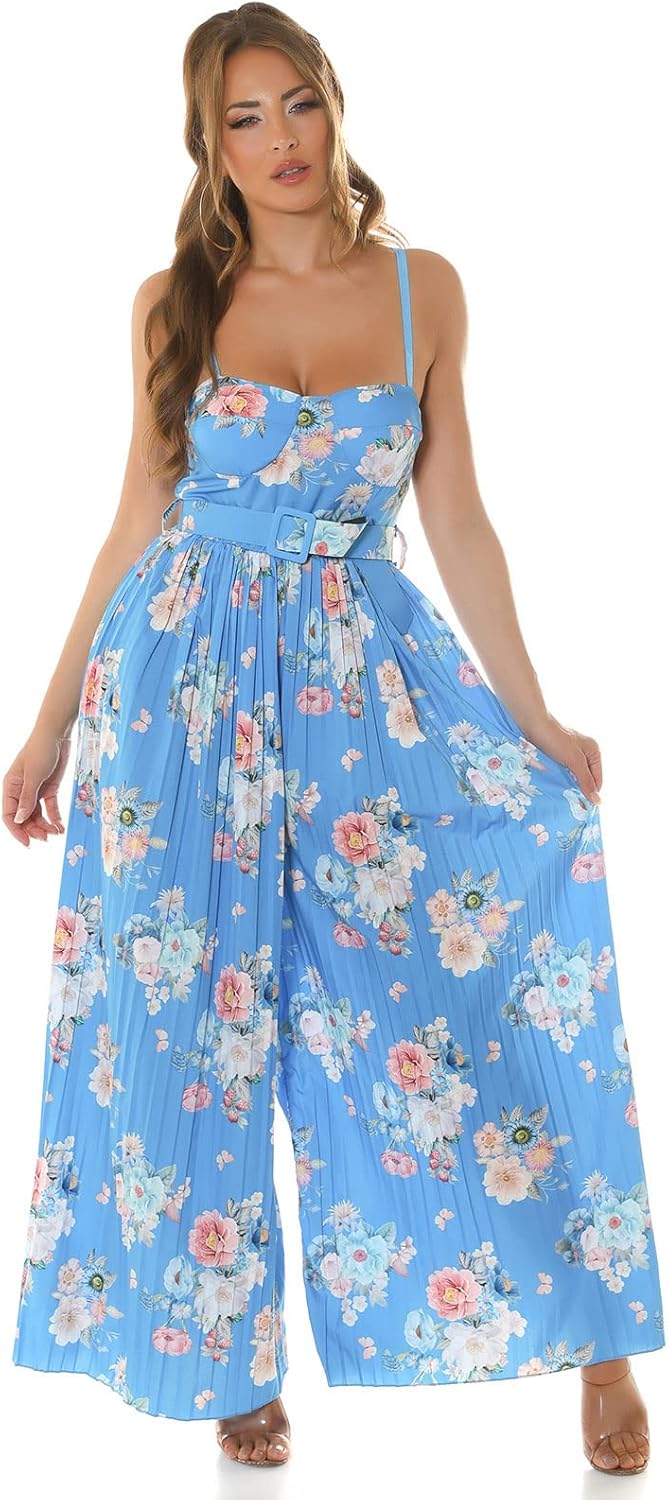 Koucla Flower Printed Plissee Extreme Marlene Jumpsuit Overall mit Gürtel Einheitsgrösse Blau, Einhe