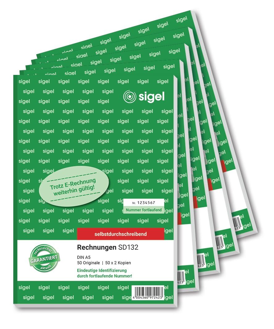 SIGEL SD132/5 Rechnungen fortlaufend nummeriert, A5, 3x50 Blatt, selbstdurchschreibend, 5er Pack 5 S